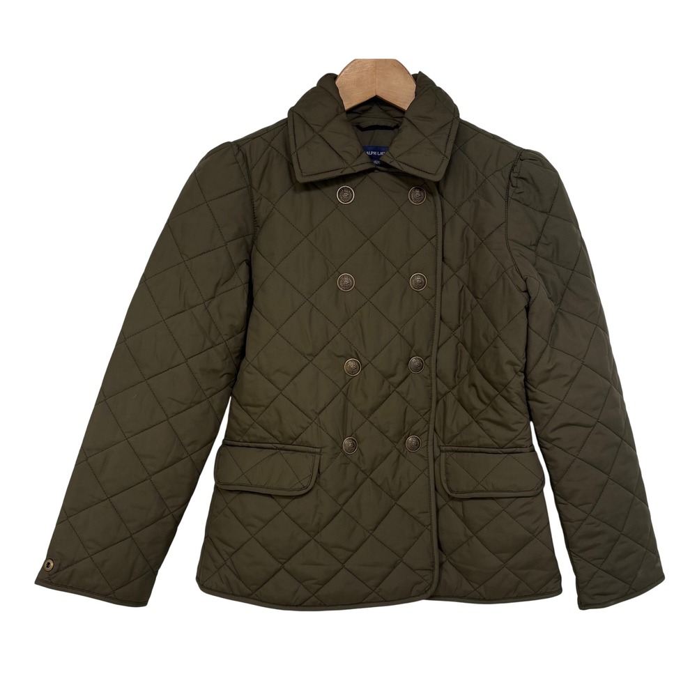 Ralph Lauren Girls Olive Green Quilted Double Breasted Jacket L 12/14 Preppy